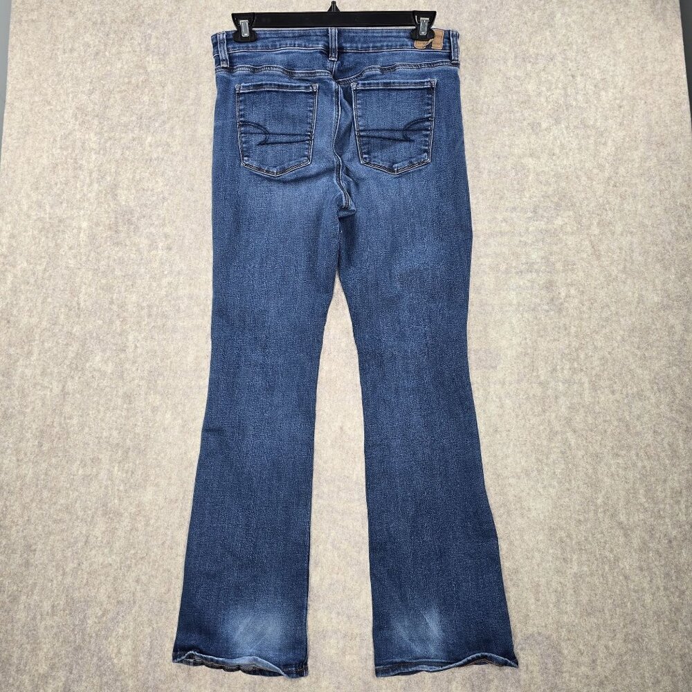 American Eagle Womens Flared Jeans Dark Wash Size 12 Stretch Denim Distressed - Picture 2 of 10
